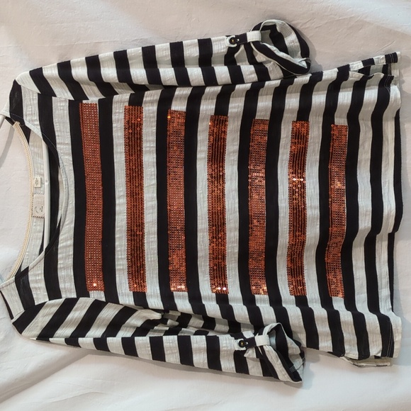 Anthropologie Tops - Anthropologie | Postmark | Copper Mini Sequins Black White Stripe Top | M